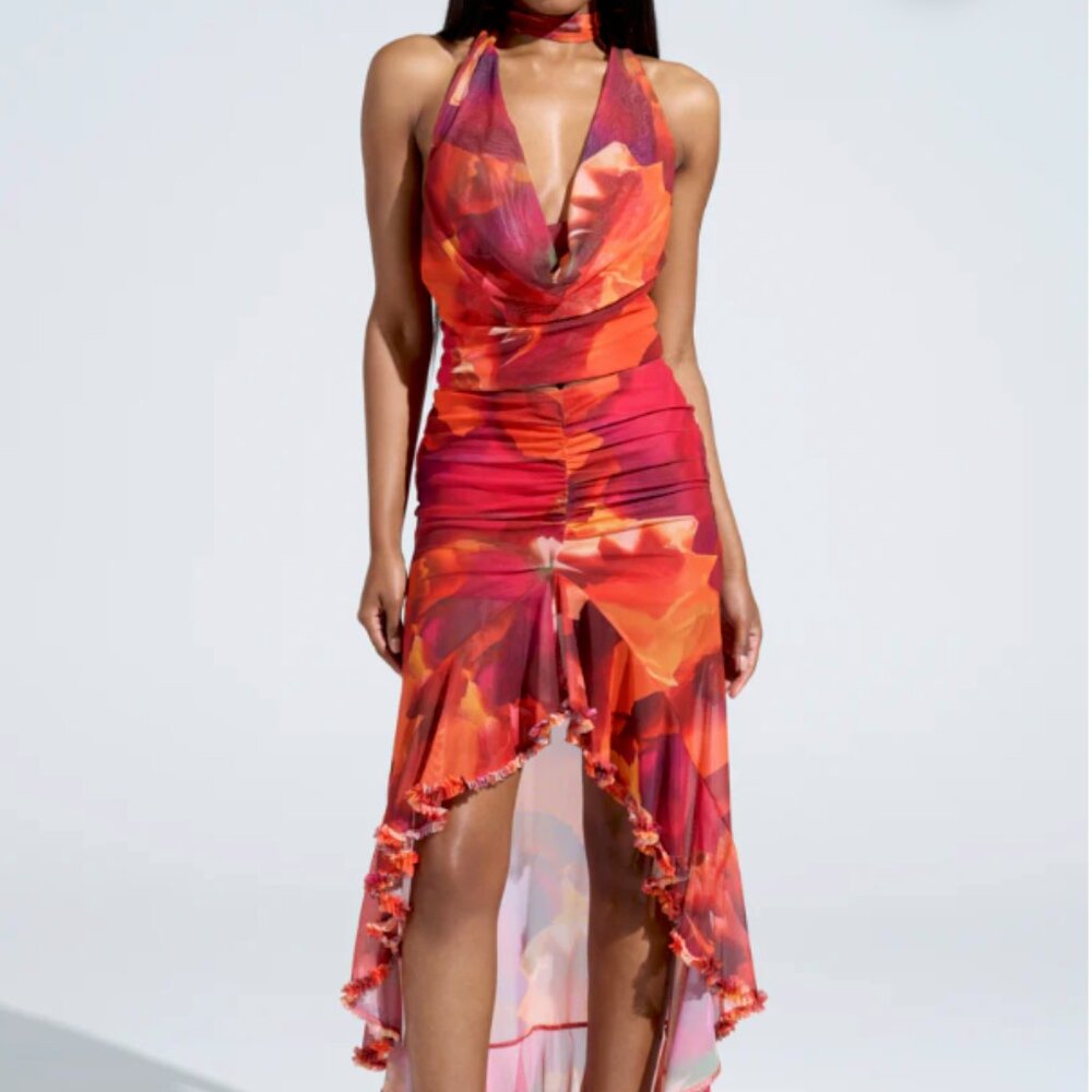 AKIRA Up In Flames Midi Skirt & Scarf Detailed Cowl Blouse Size: S